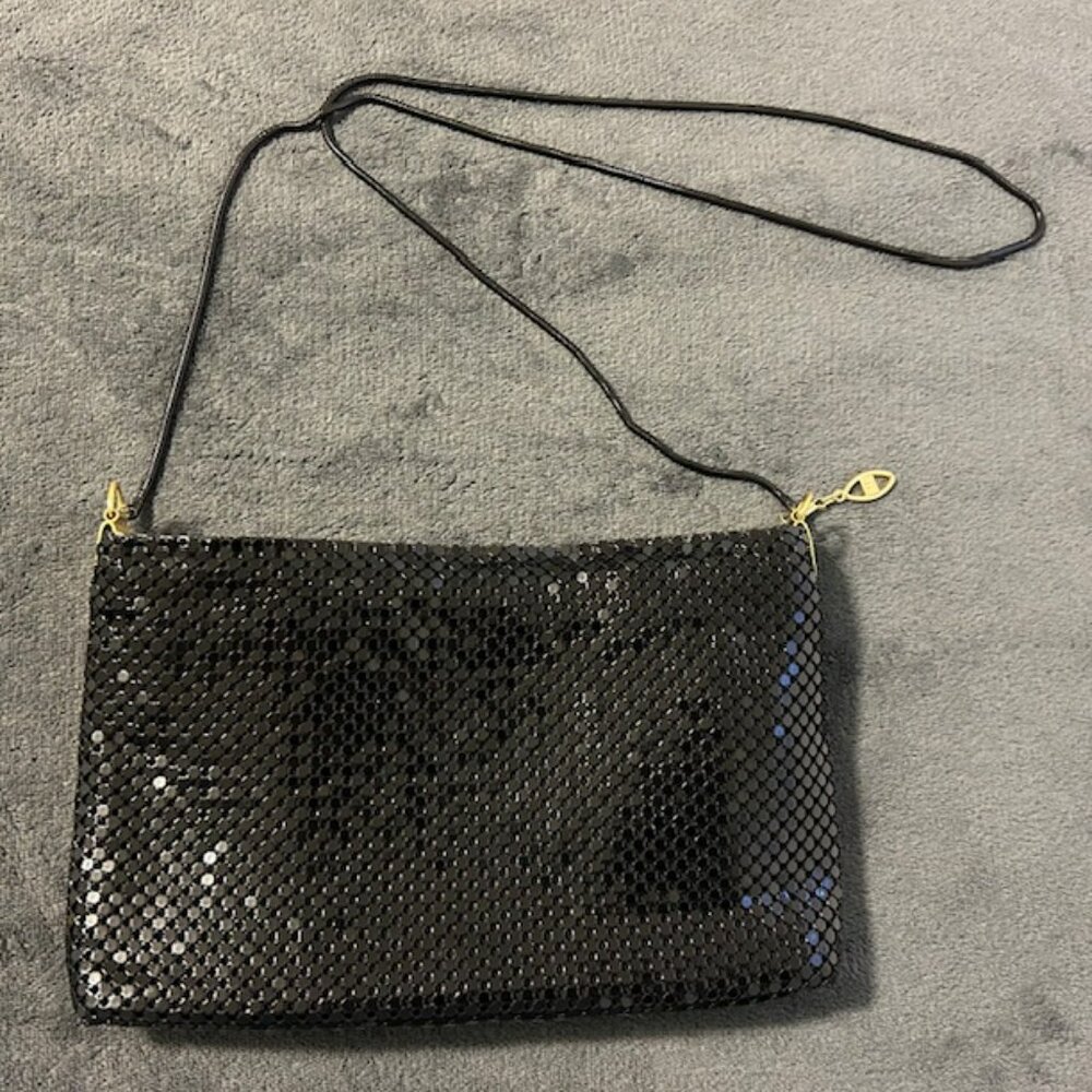 Vintage Gold Black Silver Bronze Metal Mesh Stripe Purse Bag - Picture 3 of 5